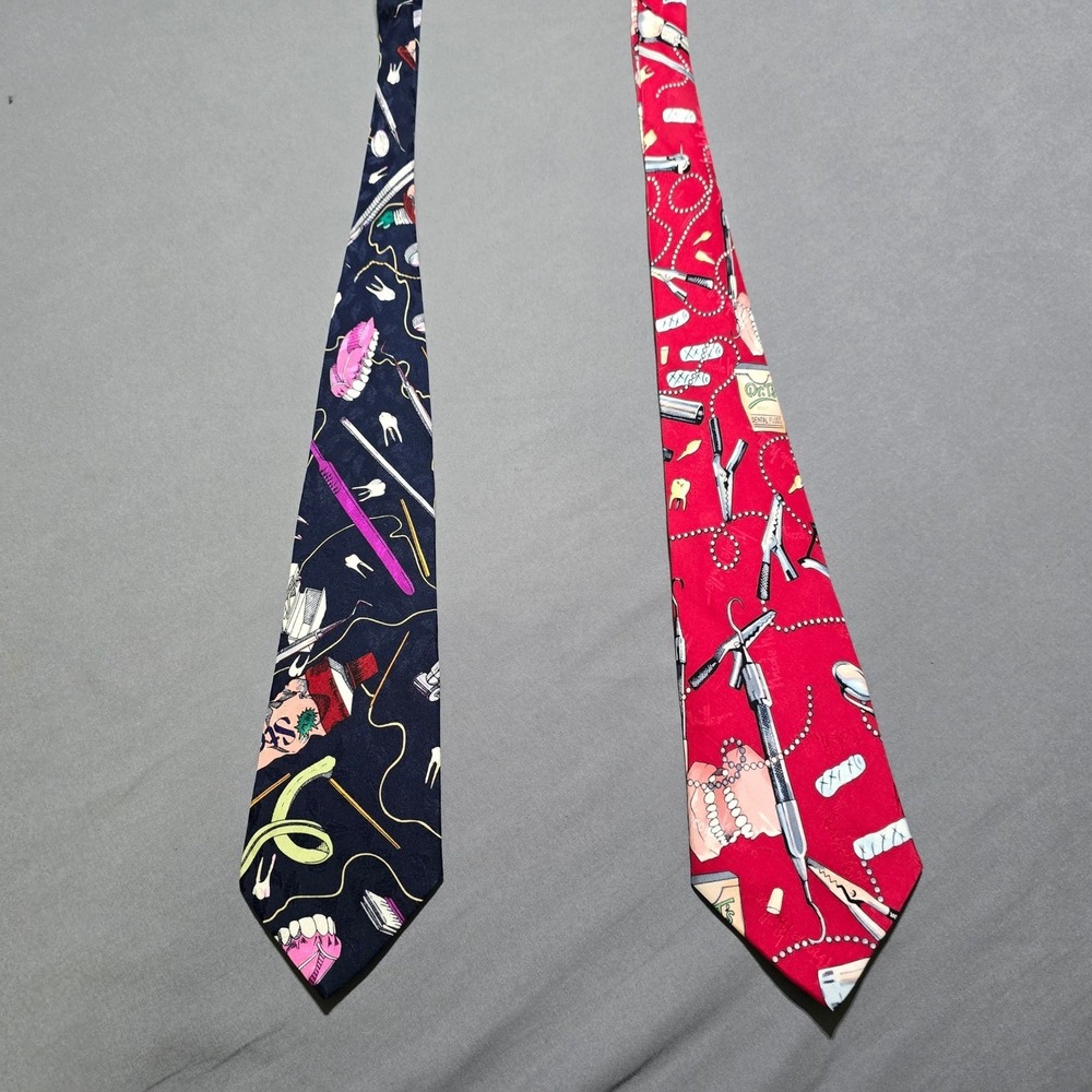 Nicole Miller Silk Ties Mens OS Navy Red Dental Theme Toothbrush Floss Lot of 2